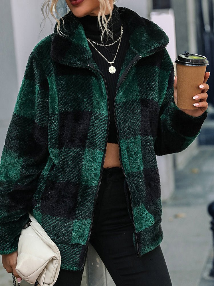 Chaqueta de cuadros de doble botonadura para mujer con acogedor cuello | Cálida y elegante
