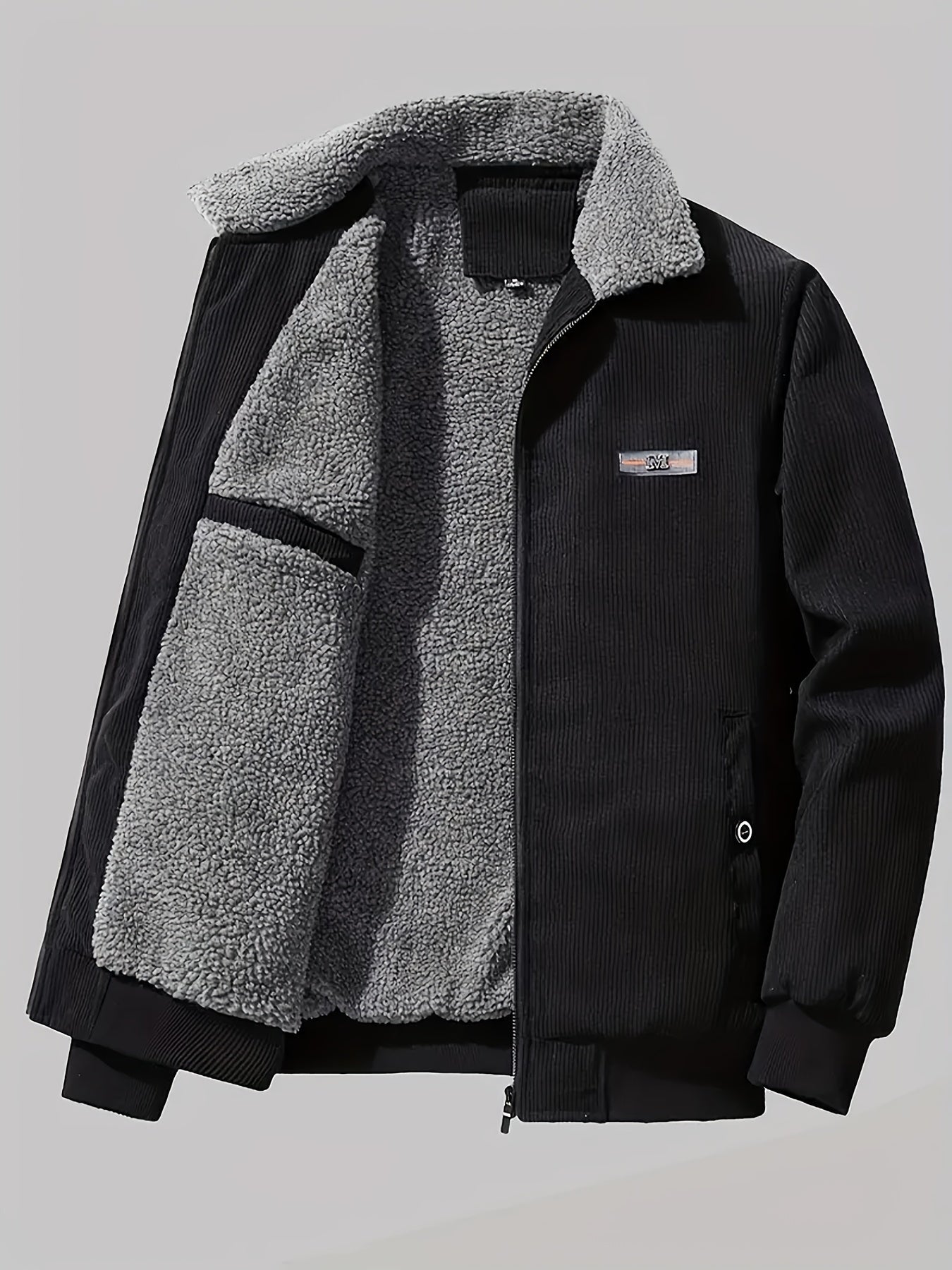Chaqueta de invierno casual retro de pana polar con parche de etiqueta para hombre | Ideal para otoño/invierno