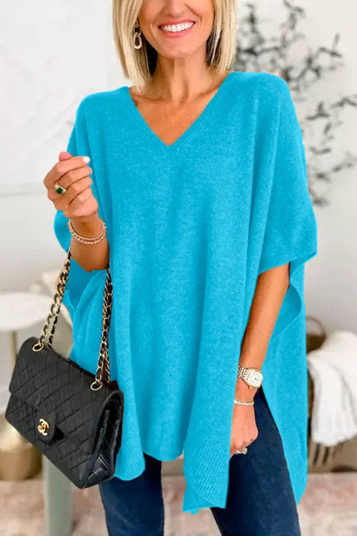 Jessica | Jersey poncho liso con cuello en V, elegante corte holgado