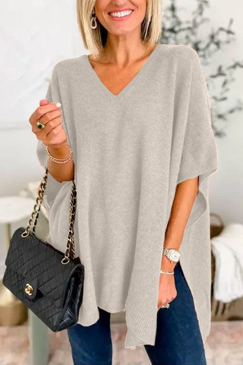 Jessica | Jersey poncho liso con cuello en V, elegante corte holgado