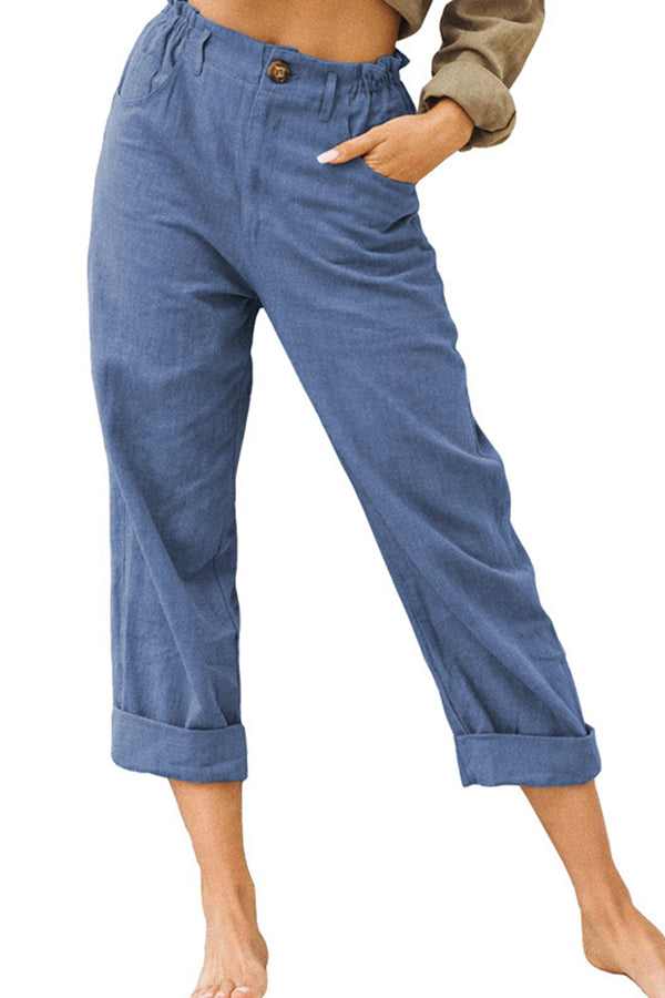 pantalones de algodón y lino de cintura alta de moda sueltos