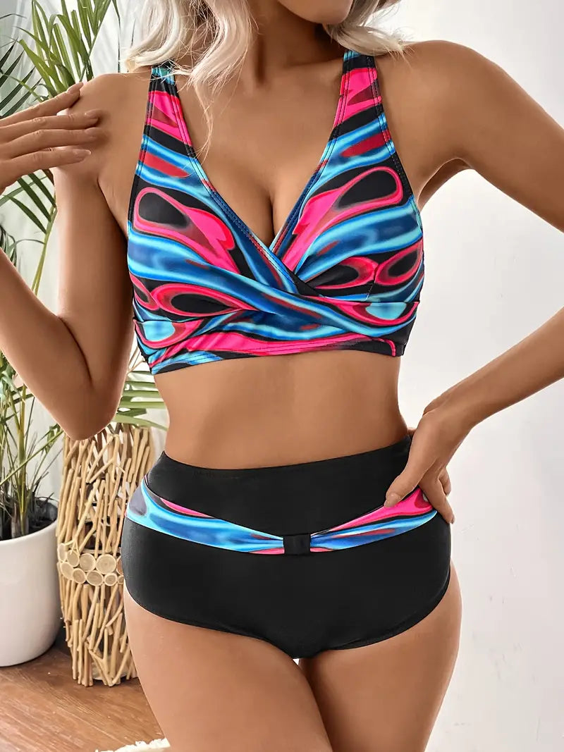 Bikini de moda y chic con estampado aleatorio y escote en V