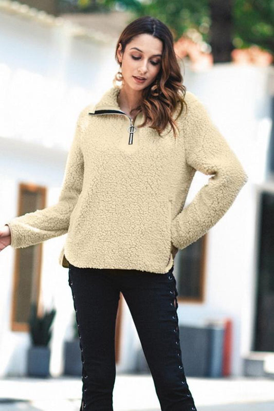 Jersey de mujer con cuello doblado y cremallera frontal