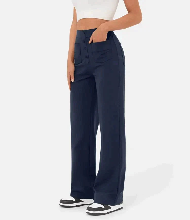 Pantalones de cintura alta con botones en la parte delantera para mujer