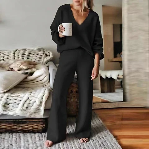 Viktoira - Acogedor conjunto de jersey de cuello de pico para mujer