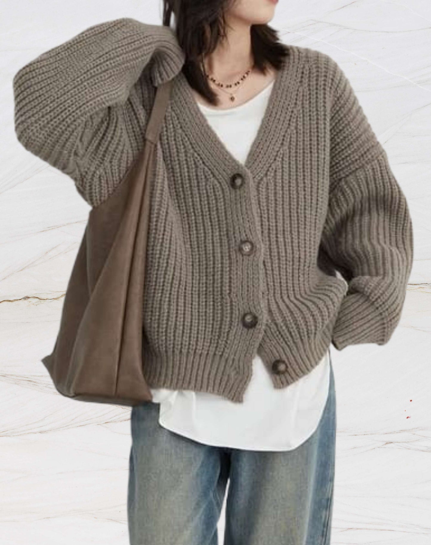 Heart - Jersey de punto de invierno con cuello de pico y cierre de botones para mujer