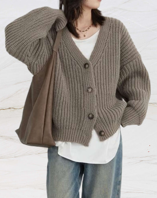 Heart - Jersey de punto de invierno con cuello de pico y cierre de botones para mujer