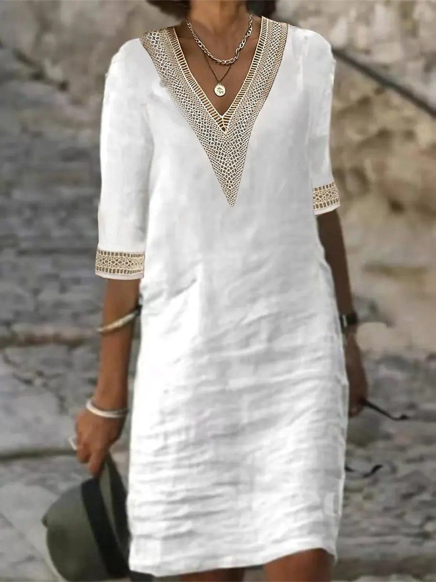 Vestido casual de mezcla de lino con detalles de encaje