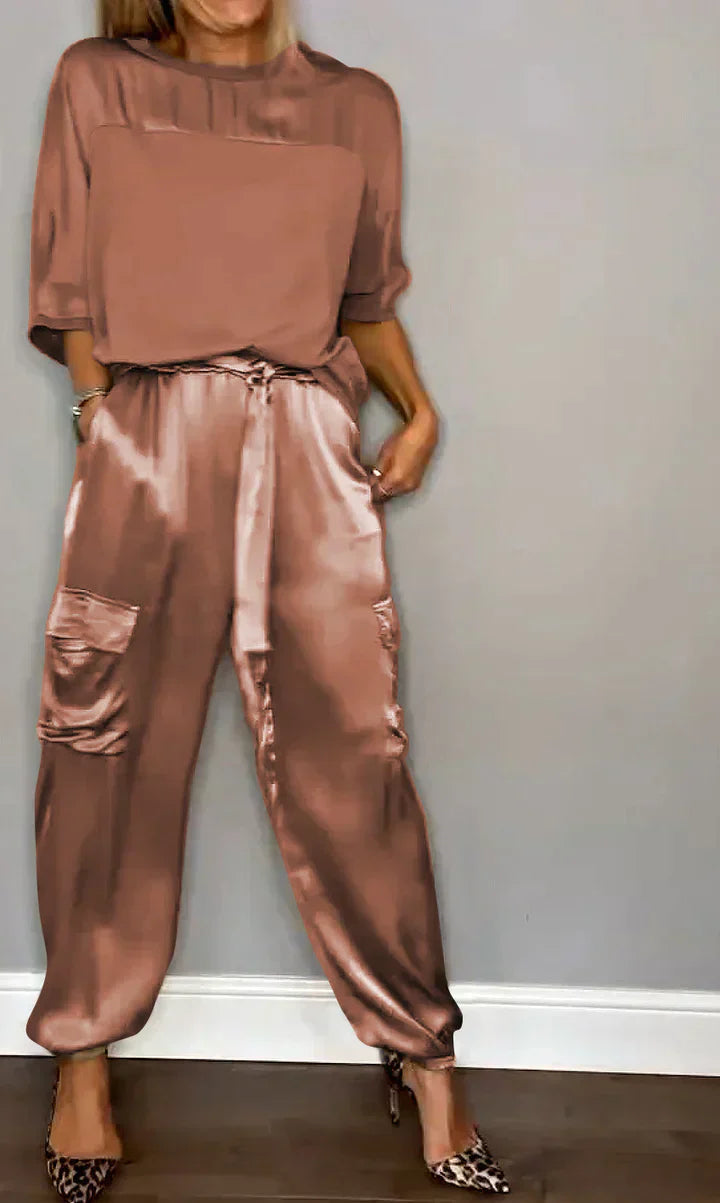 Conjunto de dos piezas con top y pantalón de raso unicolor para mujer