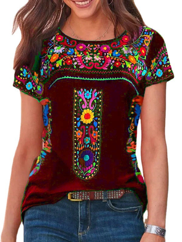 Boho print Cuello Redondo Manga Corta T-shirt Top
