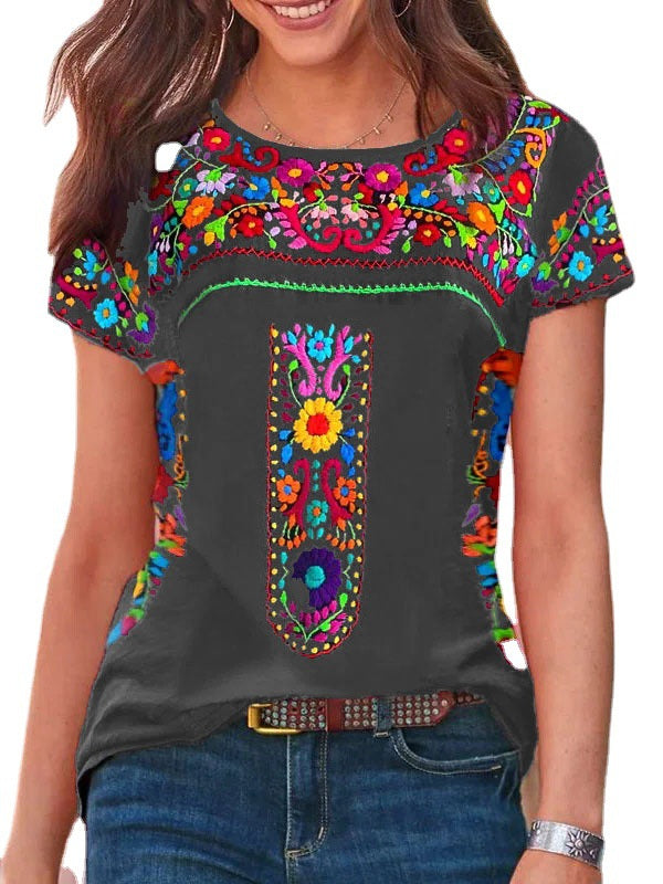 Boho print Cuello Redondo Manga Corta T-shirt Top