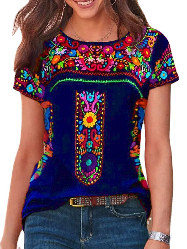 Boho print Cuello Redondo Manga Corta T-shirt Top