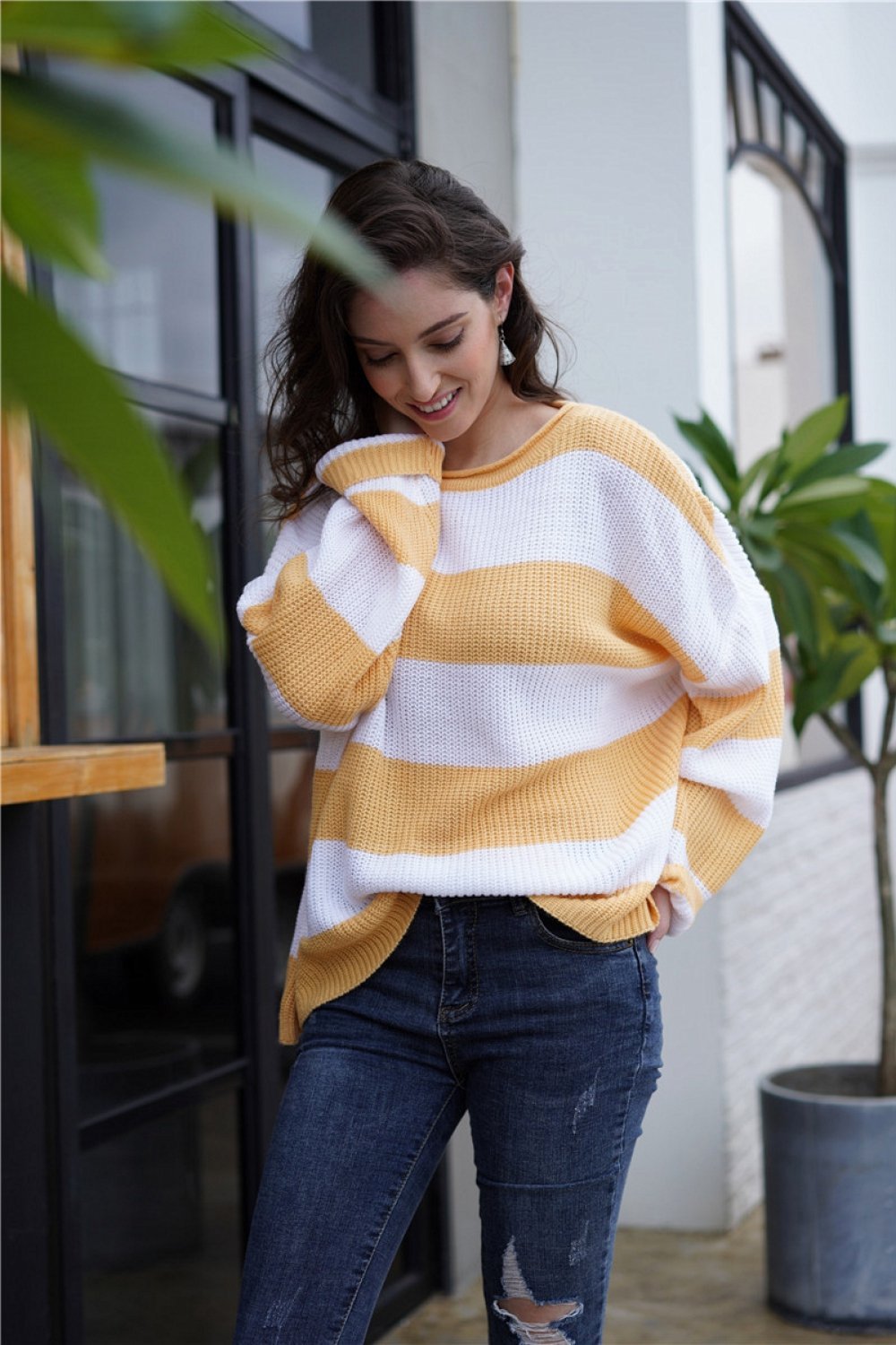 Jersey de rayas con cuello redondo para mujer
