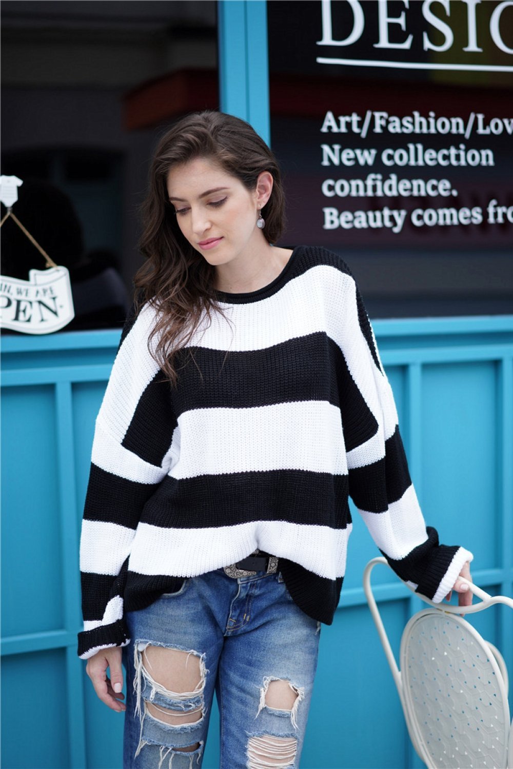 Jersey de rayas con cuello redondo para mujer