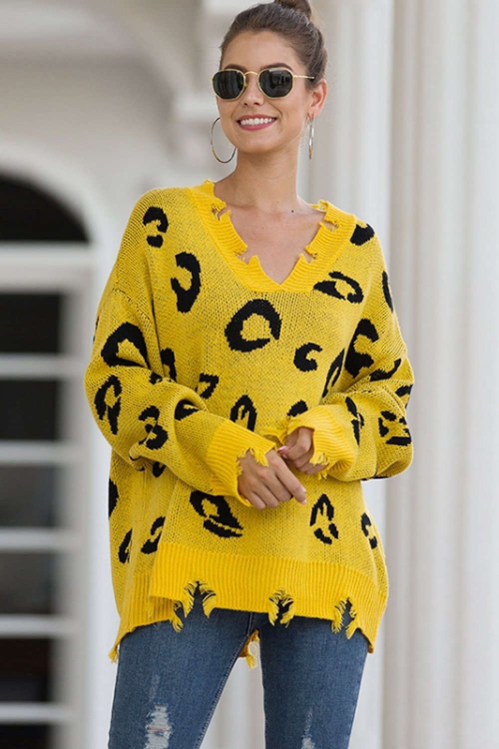 Jersey de leopardo con cuello de pico para mujer