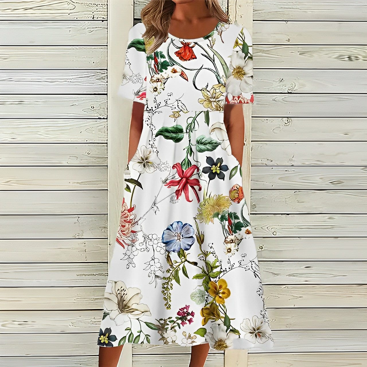 - Elegante vestido blanco con estampado floral
