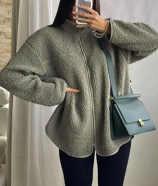 Maya - Chaqueta con cremallera Teddy Warm Green para mujer