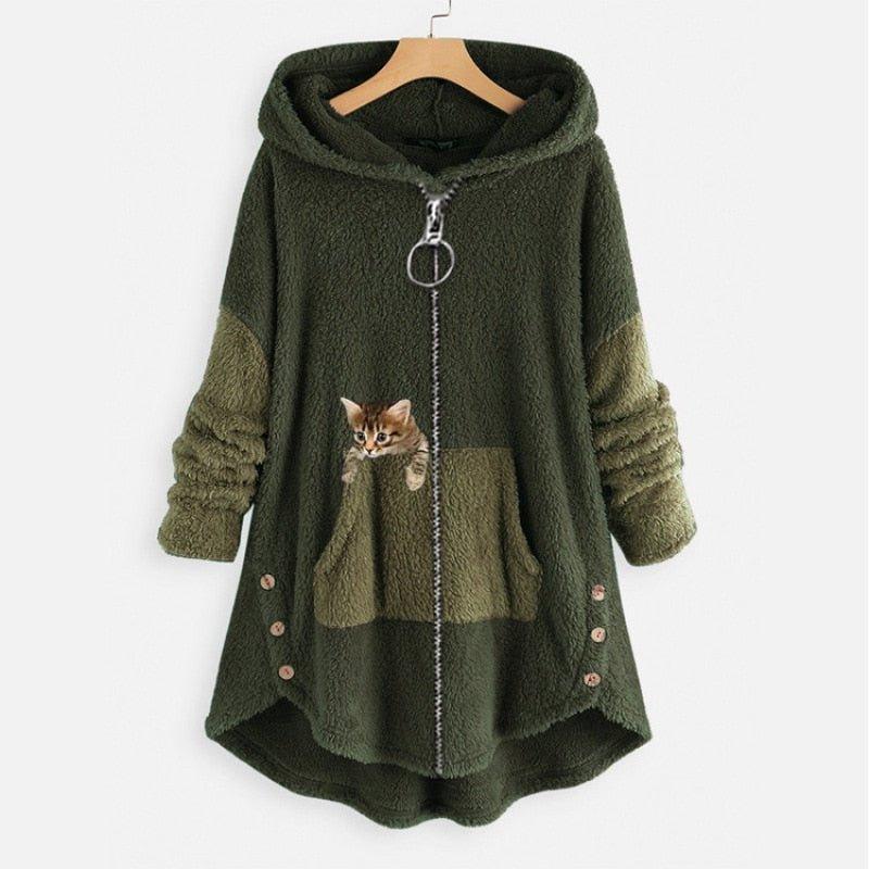 Noreen Hoodie | Sudadera de felpa suave con diseño de gato y cremallera