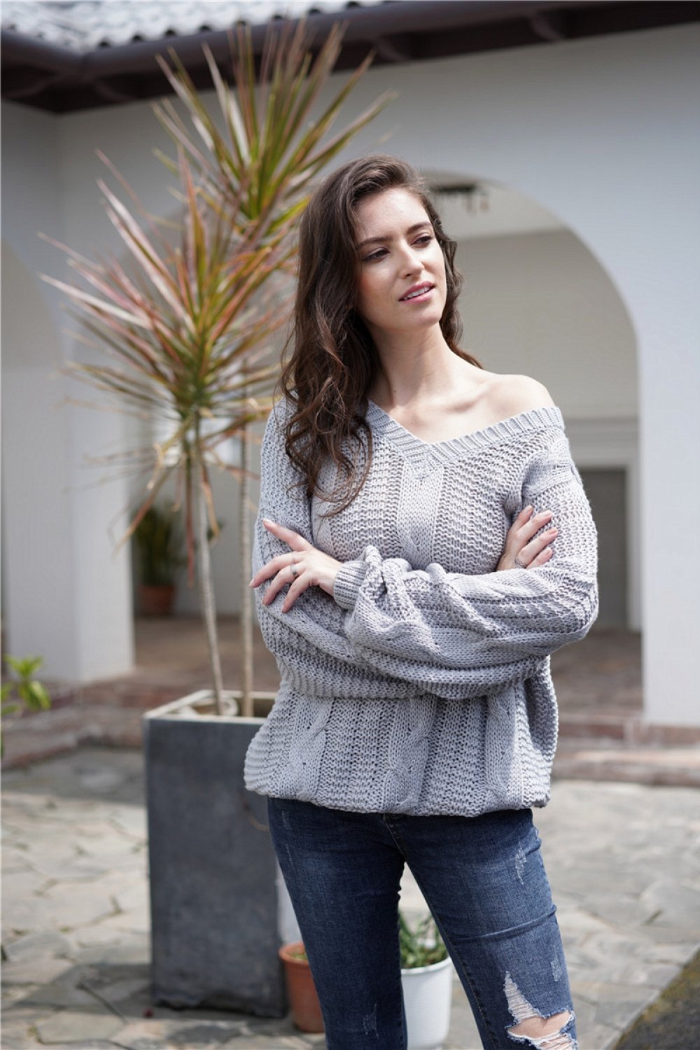 Jersey flojo de punto liso por cable para mujer
