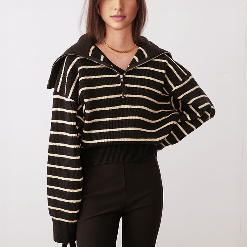 Jersey Yverine | Casual Stripes Half Zip Sweater