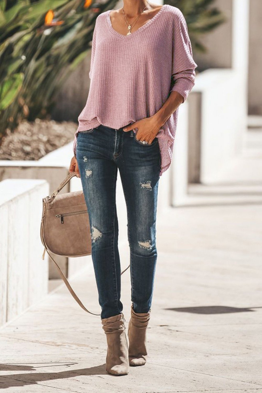 Jersey con cuello en V y holgado para mujer