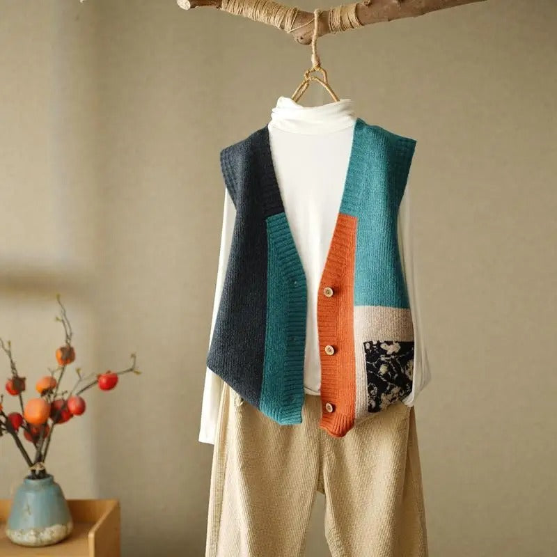 Clara | Chaleco de punto patchwork de colores para mujer