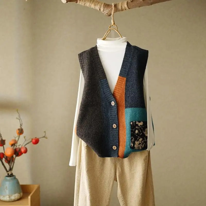 Clara | Chaleco de punto patchwork de colores para mujer