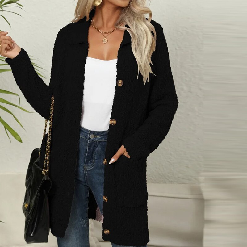 Kourtney - Chaleco largo de punto para mujer en suave tejido de felpa con bolsillos