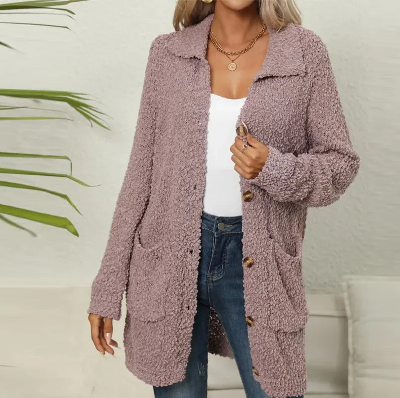 Kourtney - Chaleco largo de punto para mujer en suave tejido de felpa con bolsillos