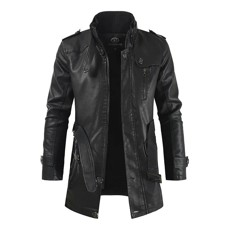 Cómoda chaqueta larga de cuero vegano con bolsillos para hombre | Para llevar a diario