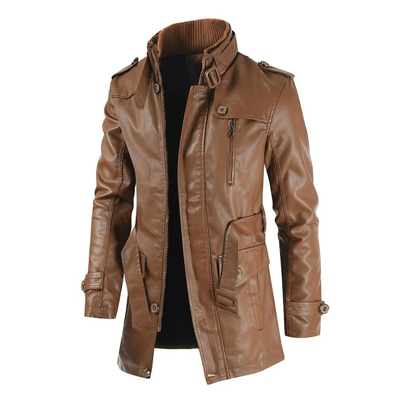 Cómoda chaqueta larga de cuero vegano con bolsillos para hombre | Para llevar a diario