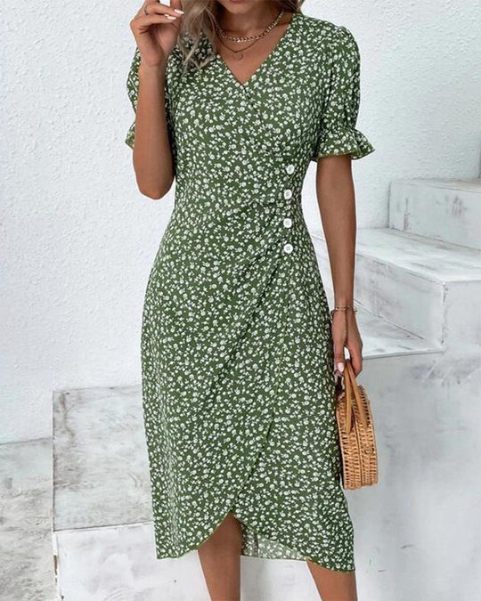 Vestido midi floral con mangas superpuestas y volantes