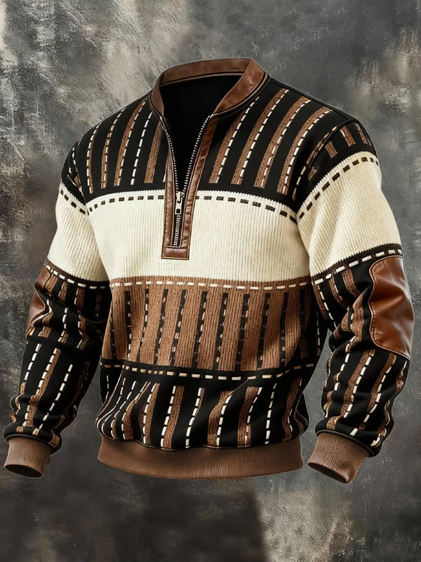 Męski Sweter Pullover Z Zamkiem Pod Szyją Patchworkowy Top