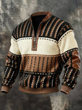 Męski Sweter Pullover Z Zamkiem Pod Szyją Patchworkowy Top