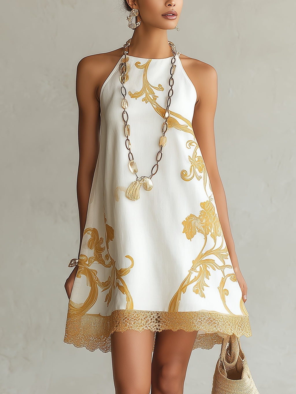 Elegancka lniana sukienka mini damska halter
