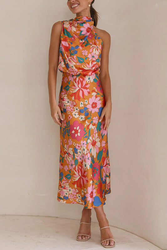 Elegante vestido de satén con cuello halterneck
