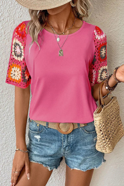 Hanna - Top de ganchillo de manga corta con estampado floral
