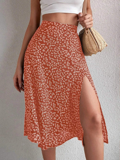Falda Midi | Estampado floral | Cintura alta, Elegante abertura, Tejido vaporoso | Perfecta para los días de verano