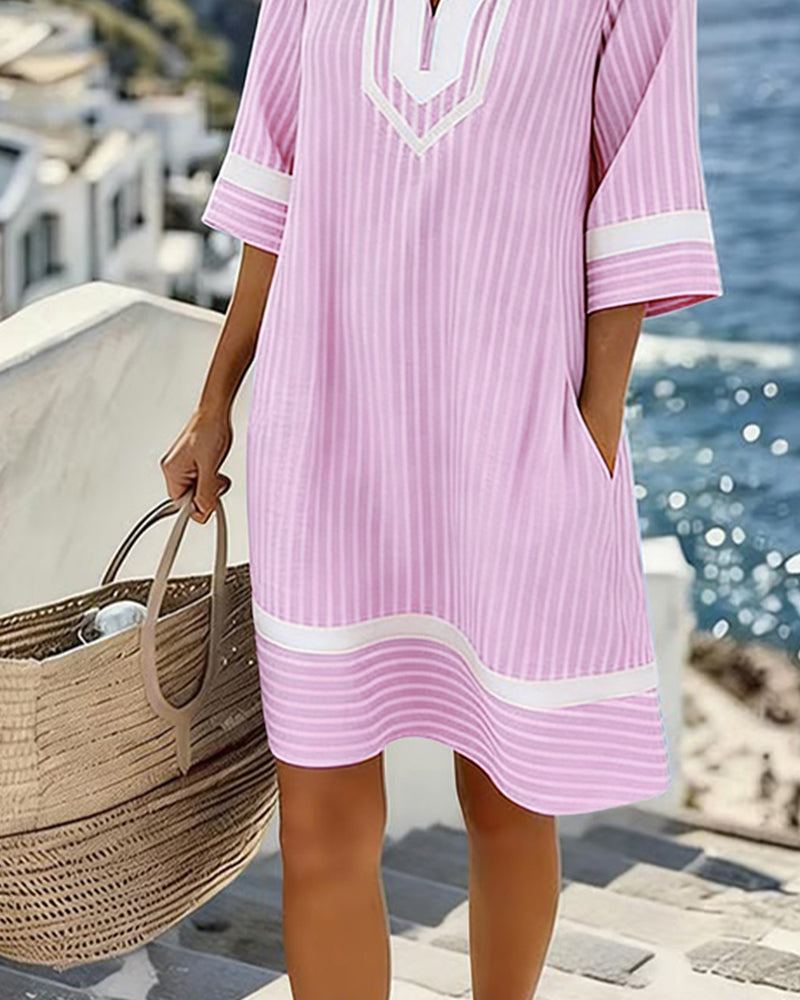 Damska Pasiasta Sukienka Tunika Z Dekoltem V
