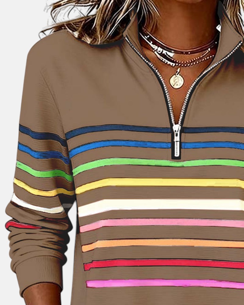 Damska Bluza Pullover W Paski Z Zamkiem Pod Szyją
