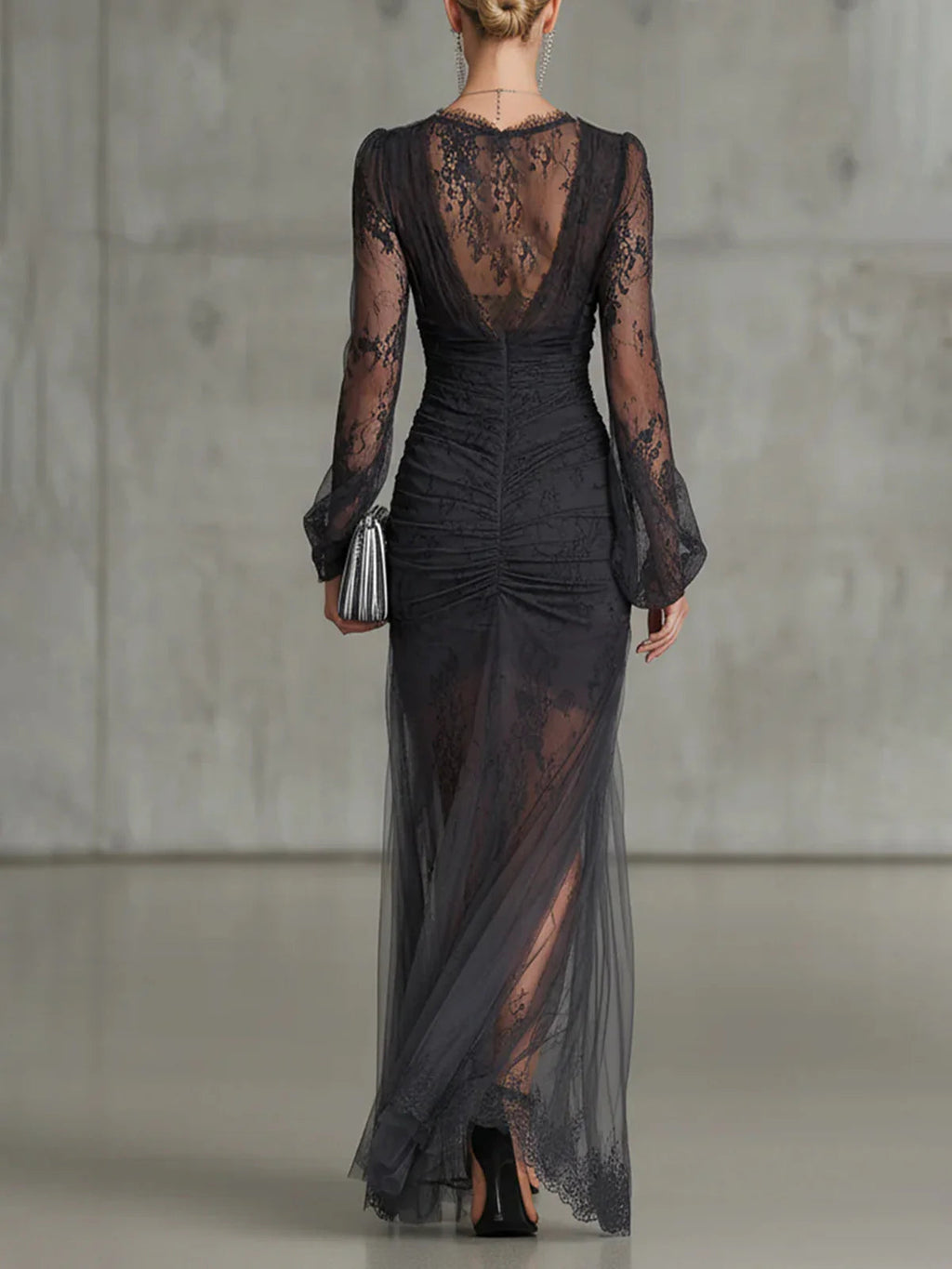 Sukienka Damska Maxi Długi Rękaw V-Neck Rozcięcie