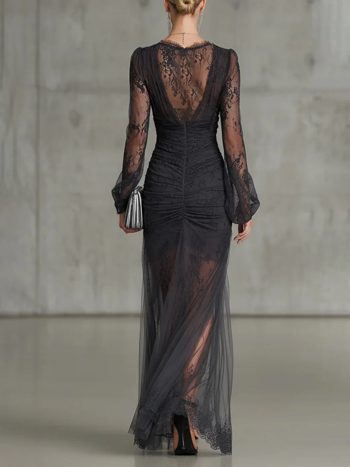 Sukienka Damska Maxi Długi Rękaw V-Neck Rozcięcie