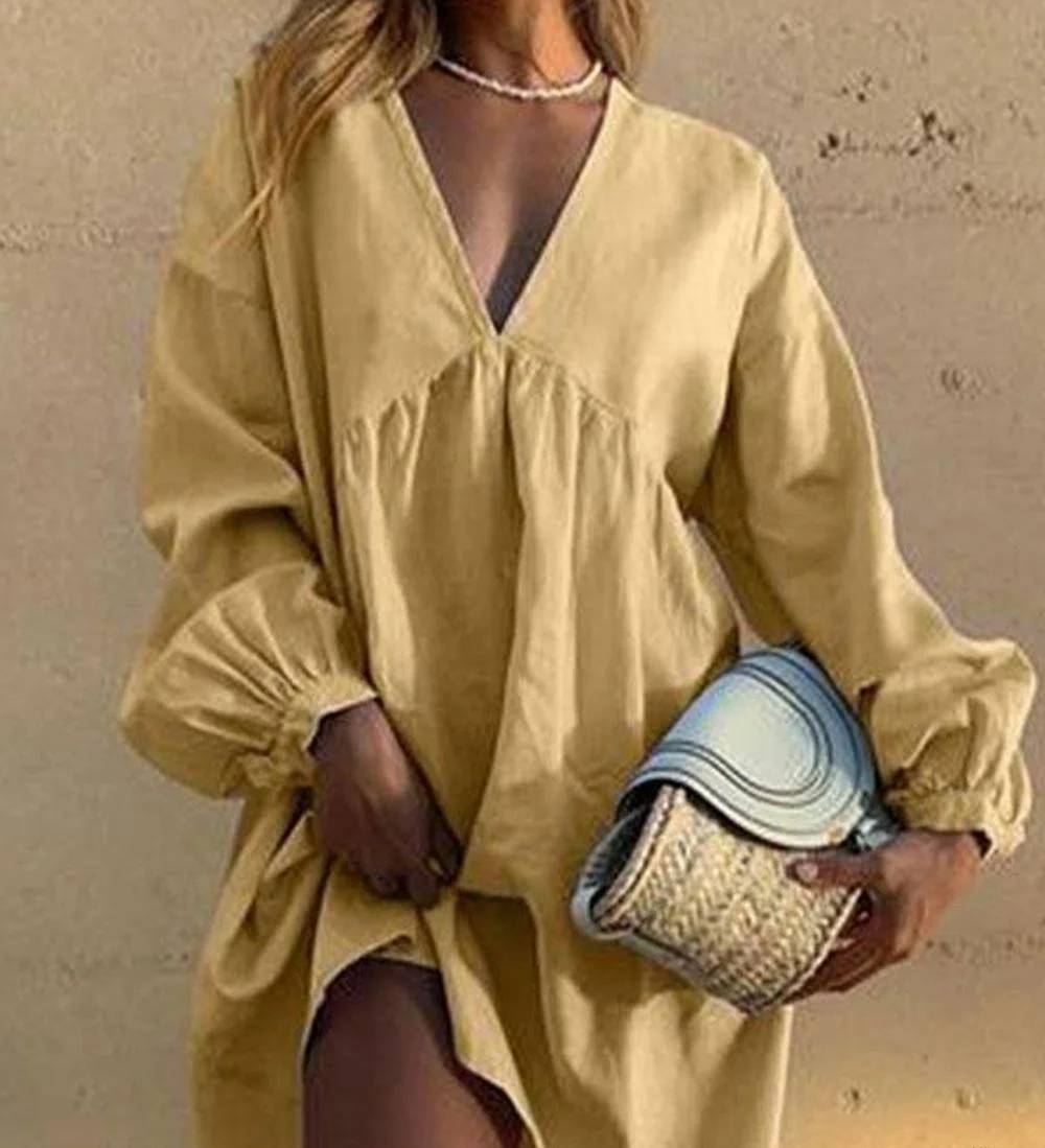 Vestido casual con cuello en V y mangas farol plisadas