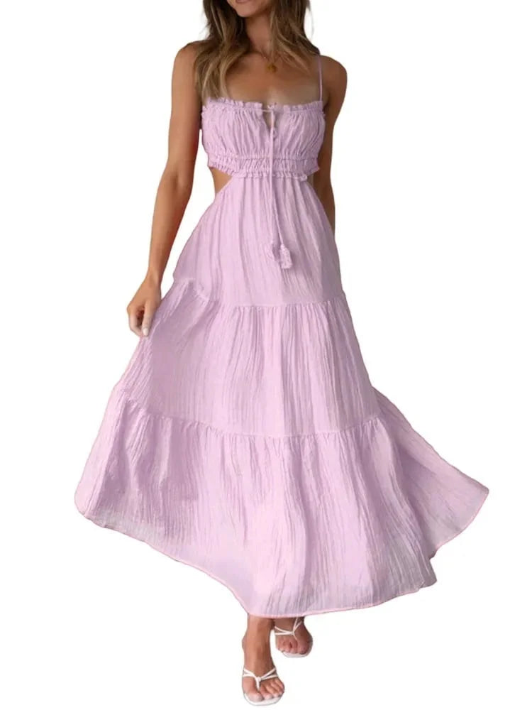 Maxi vestido sin mangas con costuras y volantes