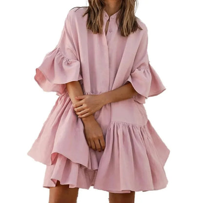 Vestidos monocromáticos casuales con cuello en V y falda pastel