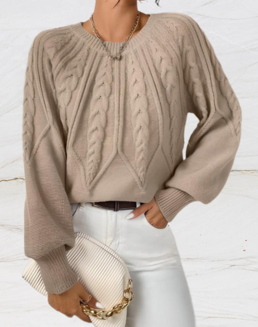 Abigail - Elegante jersey de cuello redondo de punto de flecha beige para mujer