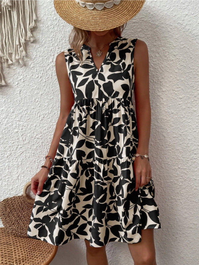 Helgia - Vestido boho midi sin mangas y escote en pico