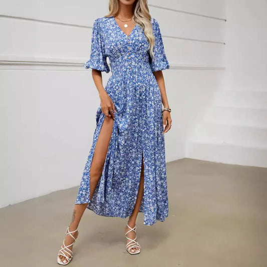 Vestido azul estampado de manga corta y cuello en V para mujer, vacaciones de verano