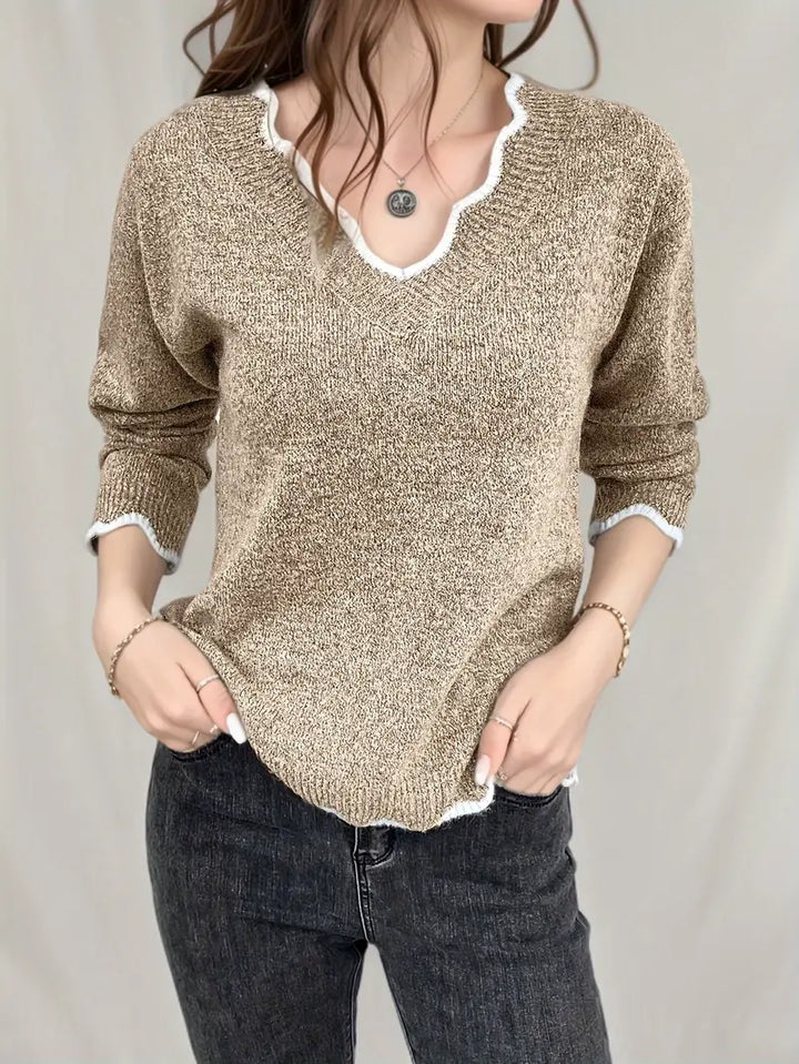 Adi | jersey informal de punto con mangas largas, ribete de concha y escote en pico