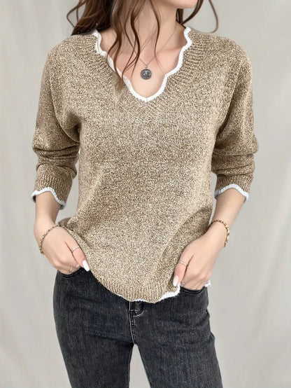 Adi | jersey informal de punto con mangas largas, ribete de concha y escote en pico
